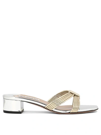 Aquazzura Film Strappy Bicolor Metallic Slide Sandals In Silver