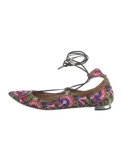 Pre-owned Aquazzura Floral Print Embroidered Accent Ballet Flats In Black