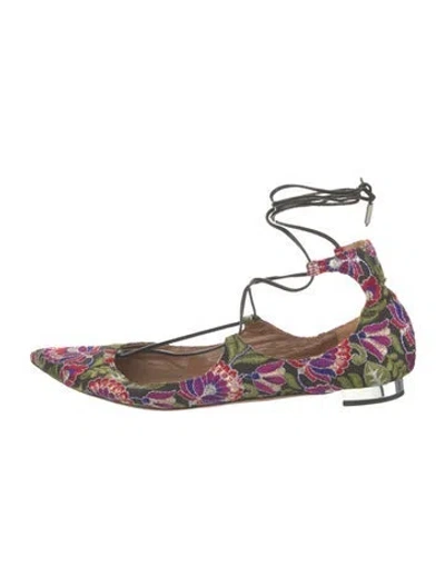 Pre-owned Aquazzura Floral Print Embroidered Accent Ballet Flats In Black