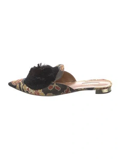 Pre-owned Aquazzura Floral Print Pom-pom Embellishments Mules In Black/brown/gold