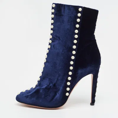 Pre-owned Aquazzura Follie Pearls Size 38 Navy Blue Velvet Ankle Length Boots