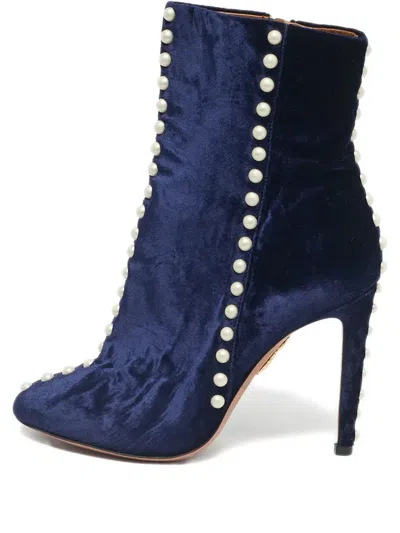 Pre-owned Aquazzura Follie Pearls Velvet Ankle Boots In Blue