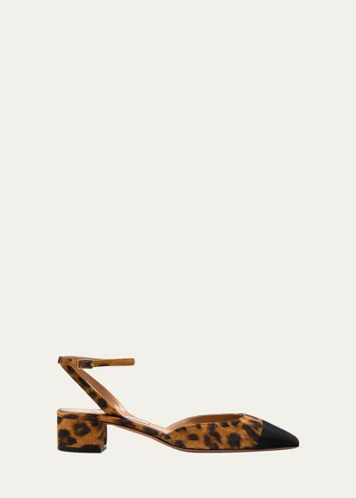 Aquazzura French Flirt Leopard Ankle-strap Ballerina Pumps In Caramel