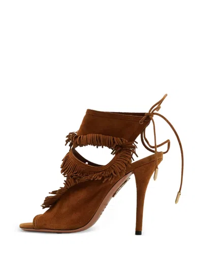 Pre-owned Aquazzura Fringe Ankle-strap Sandals In Brown
