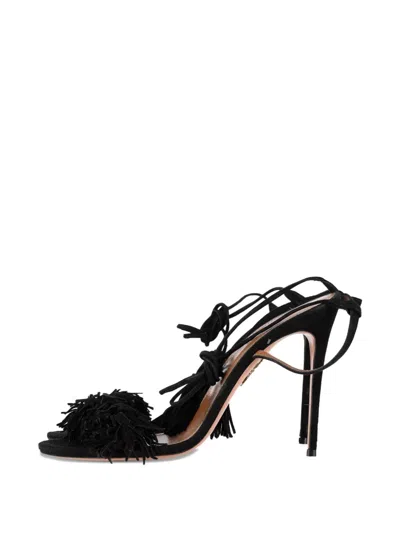 Pre-owned Aquazzura Fringed Tie Heeled Sandals In Black