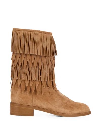 Aquazzura Fringed Tiered Ankle Boots In Brown