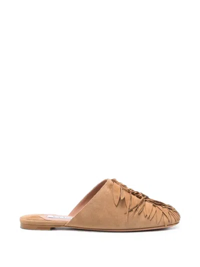 Aquazzura Fringe-detail Suede Mules In Brown