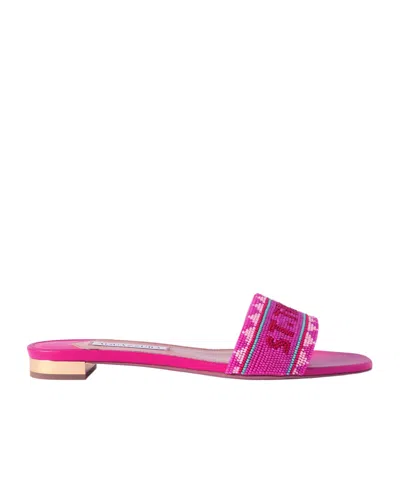 Aquazzura Fuchsia Beaded Single-strap Flat Slide Sandals In Pink