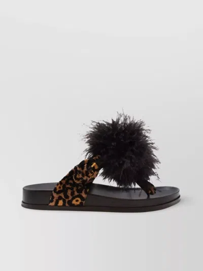 Aquazzura Fur Detail Animal Print Flat Sole Sandals In Black