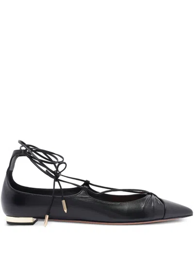 Aquazzura Gabi Lace-up Glossed-leather Point-toe Flats In Black