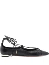 Aquazzura Gabi Lace-up Glossed-leather Point-toe Flats In Black