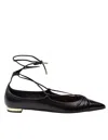 Aquazzura Gabi Lace-up Glossed-leather Point-toe Flats In Black
