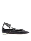 Aquazzura Gabi Lace-up Glossed-leather Point-toe Flats In Black