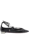 Aquazzura Gabi Lace-up Glossed-leather Point-toe Flats In Black