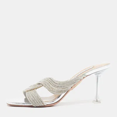 Pre-owned Aquazzura Gatsby Size 38 Silver Leather Crystal Embellished Slide Sandals