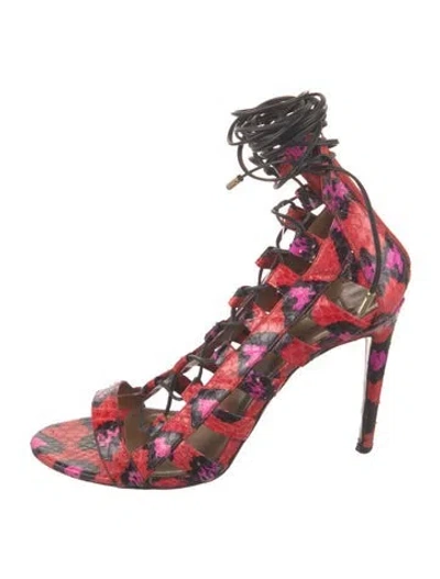 Pre-owned Aquazzura Gg Embossed Snakeskin Gladiator Sandals In Red