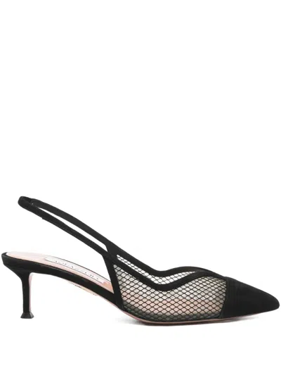 Aquazzura Gia Black Slingback Pumps With Pointed Toe And Mesh Panels In Suede Woman