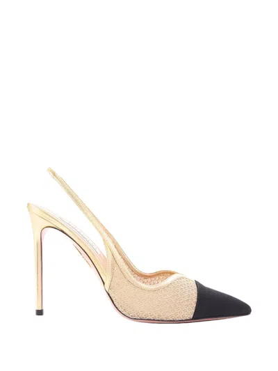 Aquazzura Gia 105 Leather-trimmed Mesh And Grosgrain Slingback Pumps In Gold