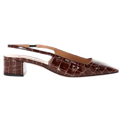 Aquazzura Ginza 35 Croc-effect Slingback Pumps In Brown Patent Lather
