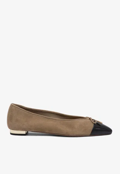 Aquazzura Gioia Bow-detailed Two-tone Leather-trimmed Suede Ballet Flats In Brown