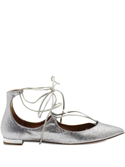 Pre-owned Aquazzura Glitter Lace-up Flats In Silver