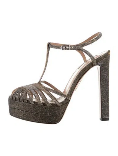 Pre-owned Aquazzura Glitter Patterned T-strap Pumps In Gold/metallic/silver