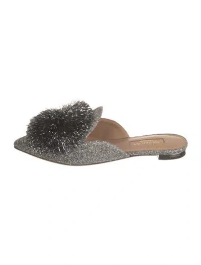 Pre-owned Aquazzura Glitter Pom-pom Embellishments Mules In Metallic/silver
