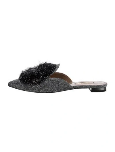 Pre-owned Aquazzura Glitter Pom-pom Embellishments Mules In Metallic/silver