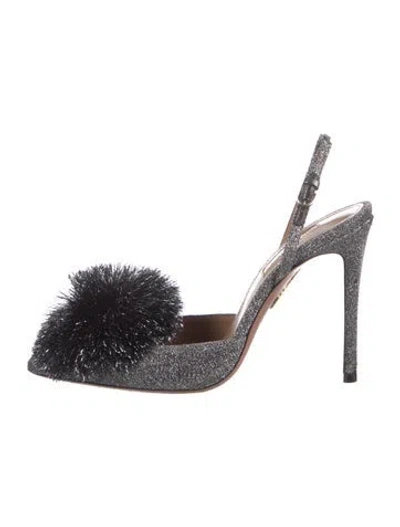 Pre-owned Aquazzura Glitter Pom-pom Embellishments Slingback Pumps
