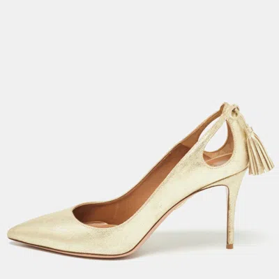 Pre-owned Aquazzura Gold Laminated Suede Forever Marilyn Pumps Size 40