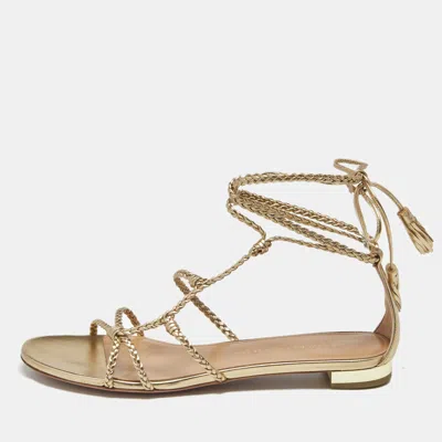 Pre-owned Aquazzura Gold Leather Brasilia Flat Sandals Size 39