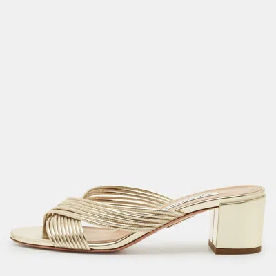 Pre-owned Aquazzura Gold Leather Crisscross Slide Sandals Size 38