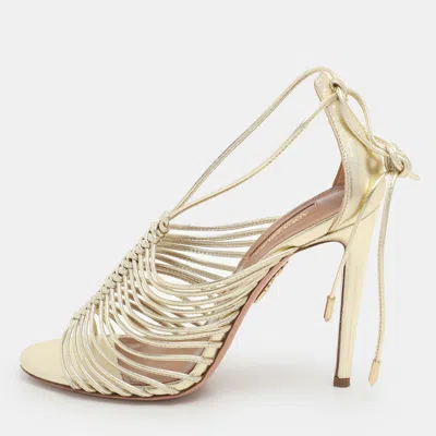 Pre-owned Aquazzura Gold Leather Nadja Strappy Ankle Wrap Sandals Size 36.5