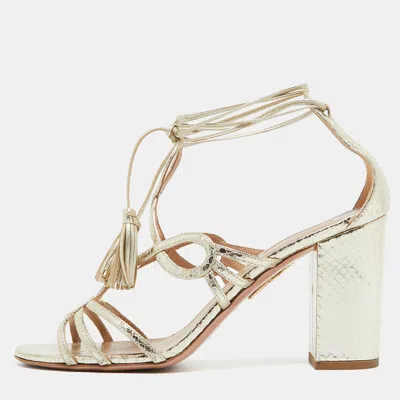 Pre-owned Aquazzura Gold Snakeskin Embossed Leather Gitana Ankle Strap Sandals Size 41