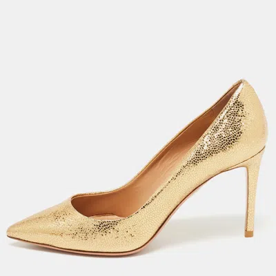 Pre-owned Aquazzura Gold Texture Leather Pointed Pumps Size 35