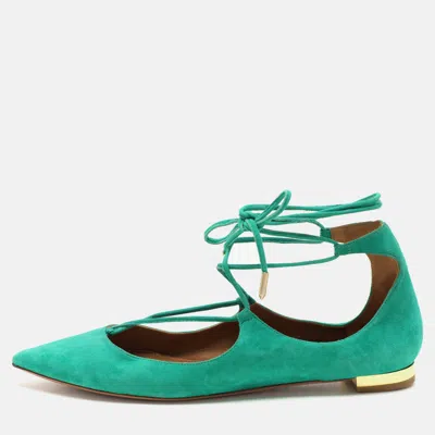 Pre-owned Aquazzura Green Suede Christy Ankle Wrap Flats Size 36.5