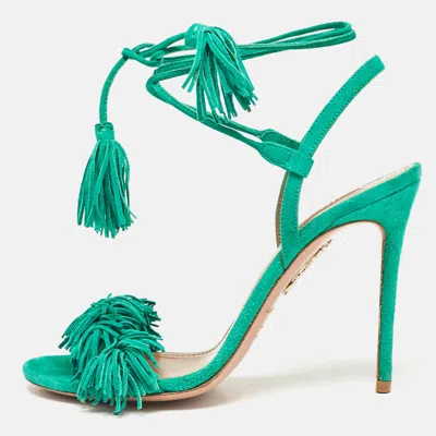 Pre-owned Aquazzura Green Suede Fringed Wild Thing Ankle Strap Sandals Size 36