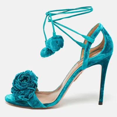 Pre-owned Aquazzura Green Velvet Flower Embellished Ankle Strap Sandals Size 40.5