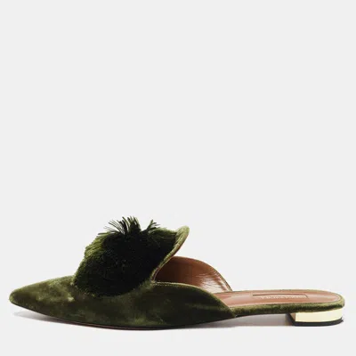 Pre-owned Aquazzura Green Velvet Powder Puff Mules Size 41