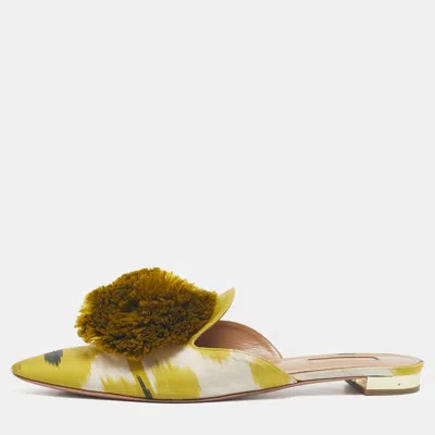 Aquazzura Green Velvet Powder Puff Pom Pom Flat Mules In Multi