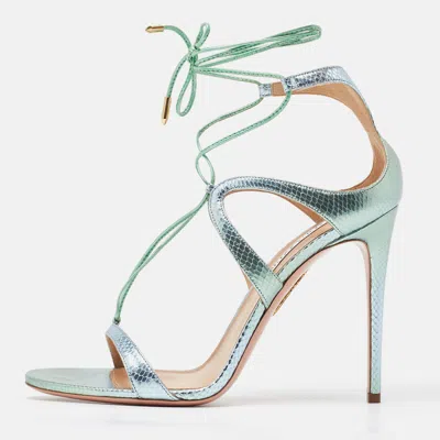 Pre-owned Aquazzura Green/silver Python Embossed Leather Ankle Strap Sandals Size 40