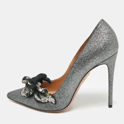 Pre-owned Aquazzura Grey Glitter Leather Poison Embellished Pumps Size 38.5 In Gray