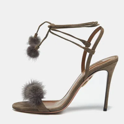 Pre-owned Aquazzura Grey Mink Fur And Suede Wild Russian Ankle Wrap Sandals Size 39 In Gray
