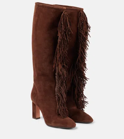 Aquazzura Gytane 85 Fringed Suede Knee-high Boots In Brown