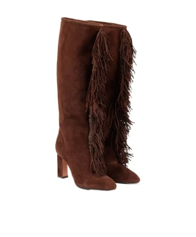 Aquazzura Gytane 85 Fringed Suede Knee-high Boots In Brown