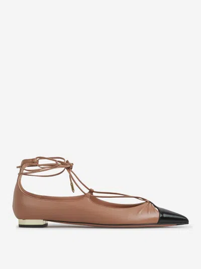 Aquazzura 'gabi' Nappa Leather Laced Ballet Flats In Neutral
