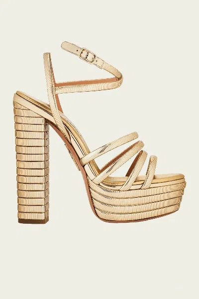 Aquazzura Heatwave 140 Metallic-leather Platform Sandals In Gold