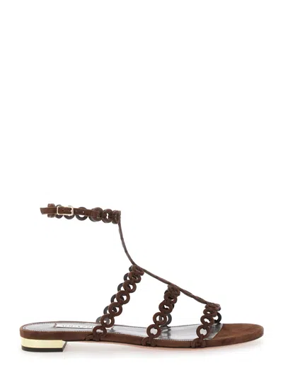 Aquazzura Infinity Chain Brown Sandals With Adjustable Strap And Buckle In Suede Woman