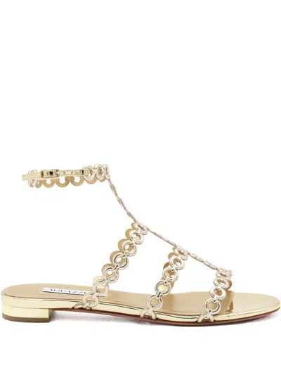 Aquazzura Heel Sandals With Metallic Chain Detail In Soft Gold