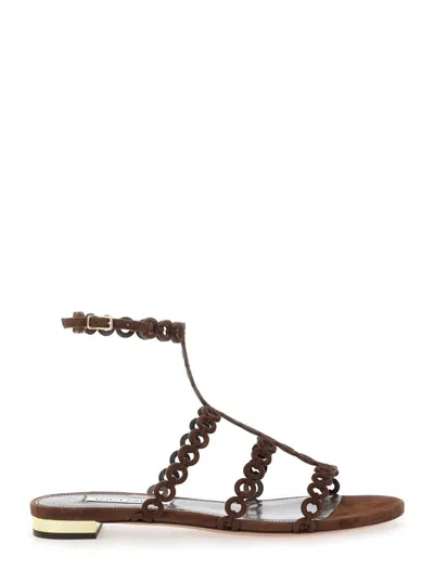 AQUAZZURA 'INFINITY CHAIN' BROWN SANDALS WITH ADJUSTABLE STRAP AND BUCKLE IN SUEDE WOMAN